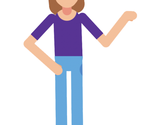 Cartoon illustration of a white woman pointing to her left